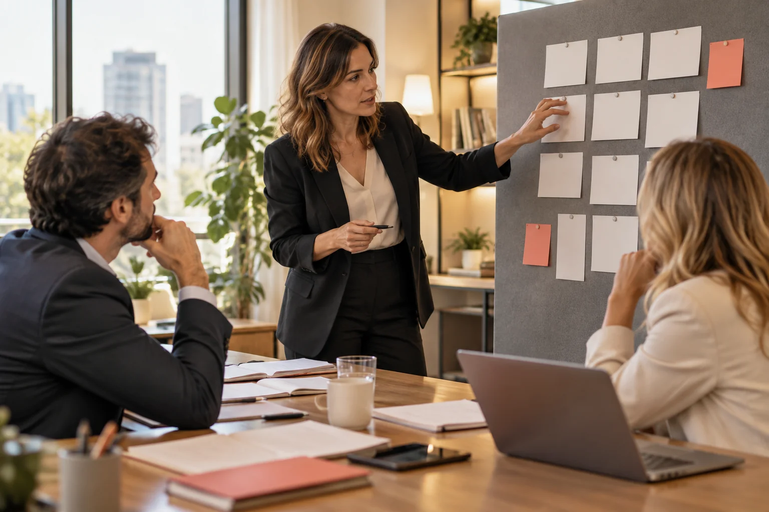 Imagen ilustrativa de una consultora guiando una sesión de planificación de comunicación